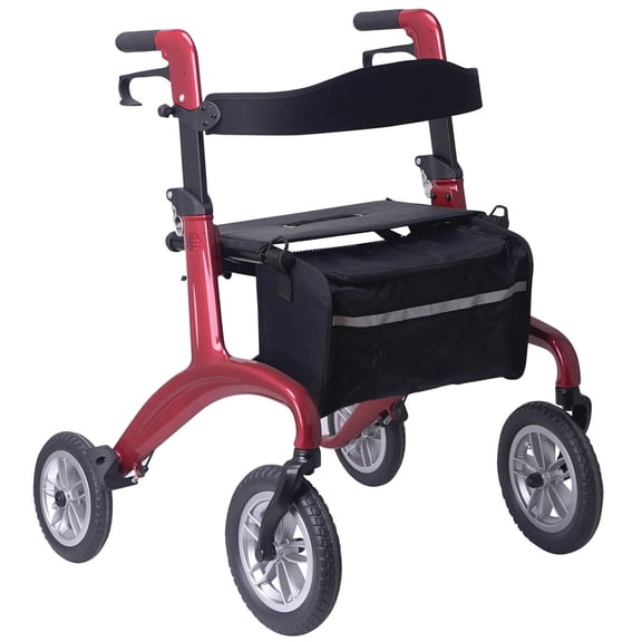 LivingSURETM Carbon Fiber Rollator XL, Adjustable Handle - Supports Up To 300 Pounds, Red