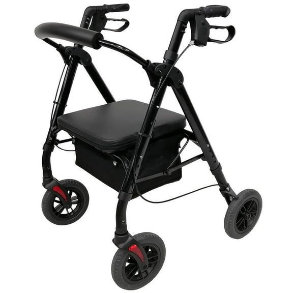 LivingSURE Freedom Rollator Walker | Padded Seat, Backrest & Basket | 8" Wheels | Adjustable Height | Lightweight Folding | 300 lbs Capacity | Black
