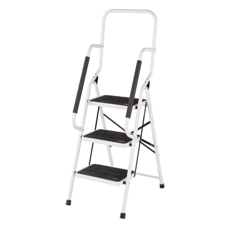 Three Tier Step Ladder by LivingSURE 300 lb Capacity Space Saving Foldable Design with Padded Handrails Extra Wide Steps with Non Slip Treads