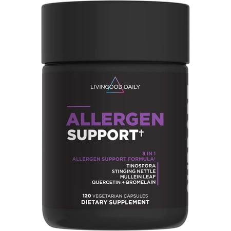 Livingood Daily Allergen Support, Natural Allergy Supplement with Vitamin C, Quercetin, Nettle Leaf, Zinc, Bromelain & Tinospora, Non GMO, Vegan, Immune Support Formula, 120 Vegetarian Capsules