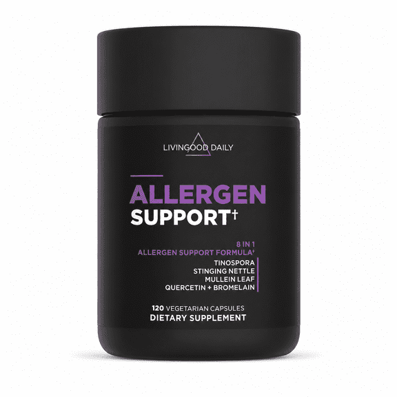 Livingood Daily Allergen Support, Natural Allergy Supplement with Vitamin C, Quercetin, Nettle Leaf, Zinc, Bromelain & Tinospora, Non GMO, Vegan, Immune Support Formula, 120 Vegetarian Capsules