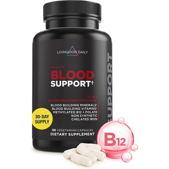Livingood Daily Iron Supplement for Women & Men, Blood Support Formula with Chelated Iron, Methylated B12, Vitamin C, Zinc & Folate, Vegan, Non GMO, Gluten Free, Allergen Free, 30 Capsules