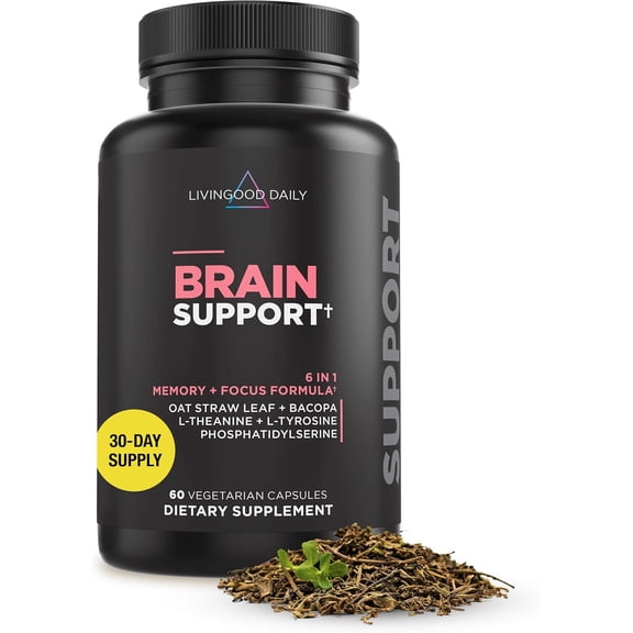 Livingood Daily Brain Supplements for Memory & Focus, Nootropic Pills with Bacopa, L Theanine, L Tyrosine, Amino Acids & More, Cognitive Support for Men & Women, Vegan, Gluten Free, 60 Capsules