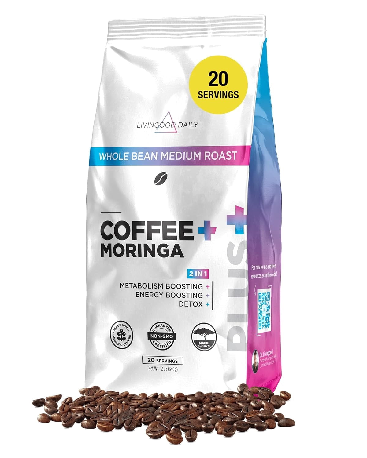 Livingood Daily Coffee with Moringa, Whole Bean Medium Roast Coffee with Plant Based Ingredients for Morning Energy, Made with Moringa Powder, Organic, Non GMO, Vegan, Gluten Free, 20 Srvgs, 12oz Bag