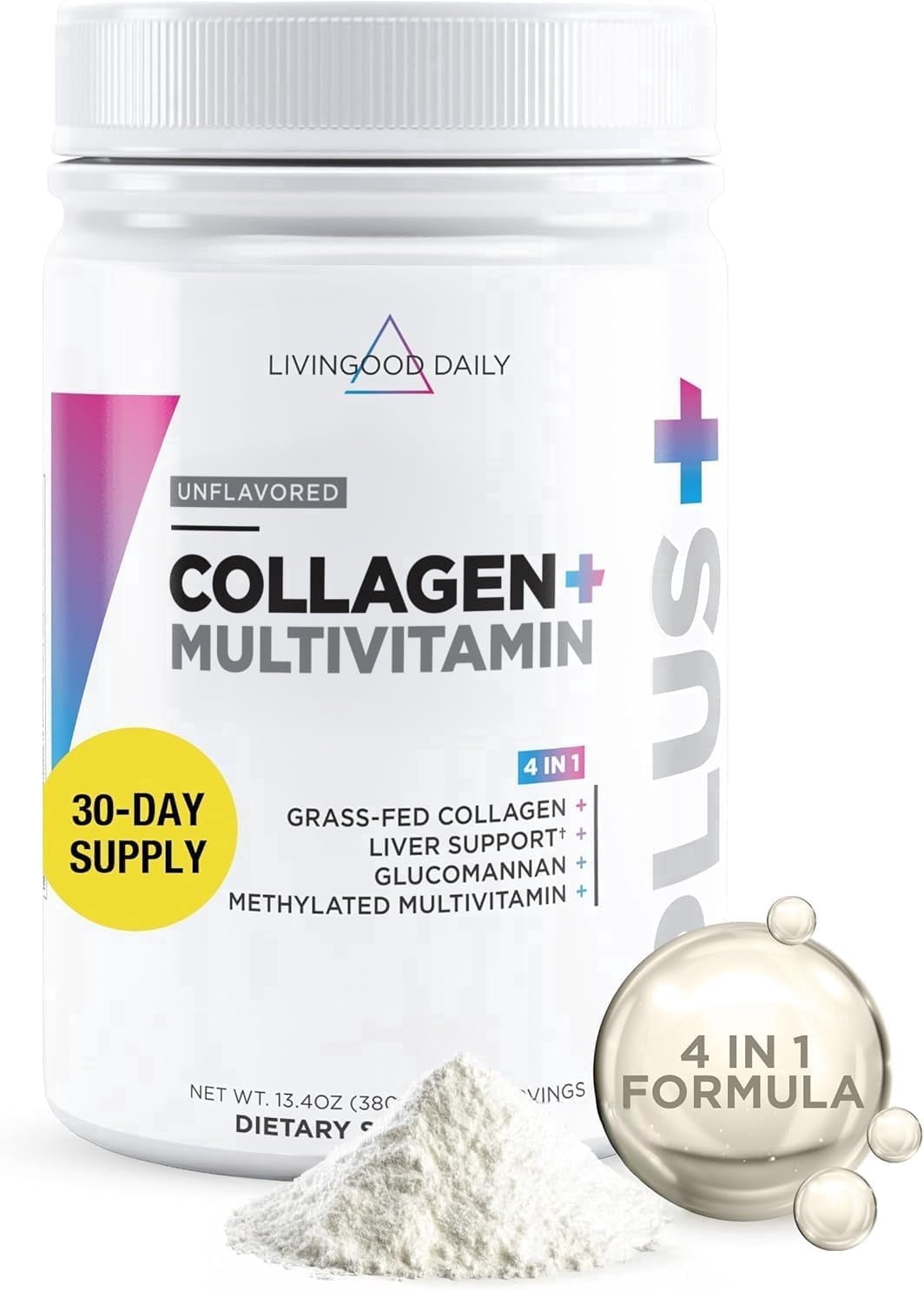 Livingood Daily Collagen Peptides Powder Unflavored, 30 Servings - 4in1 Grass Fed Hydrolyzed Collagen Powder with Multi Vitamins