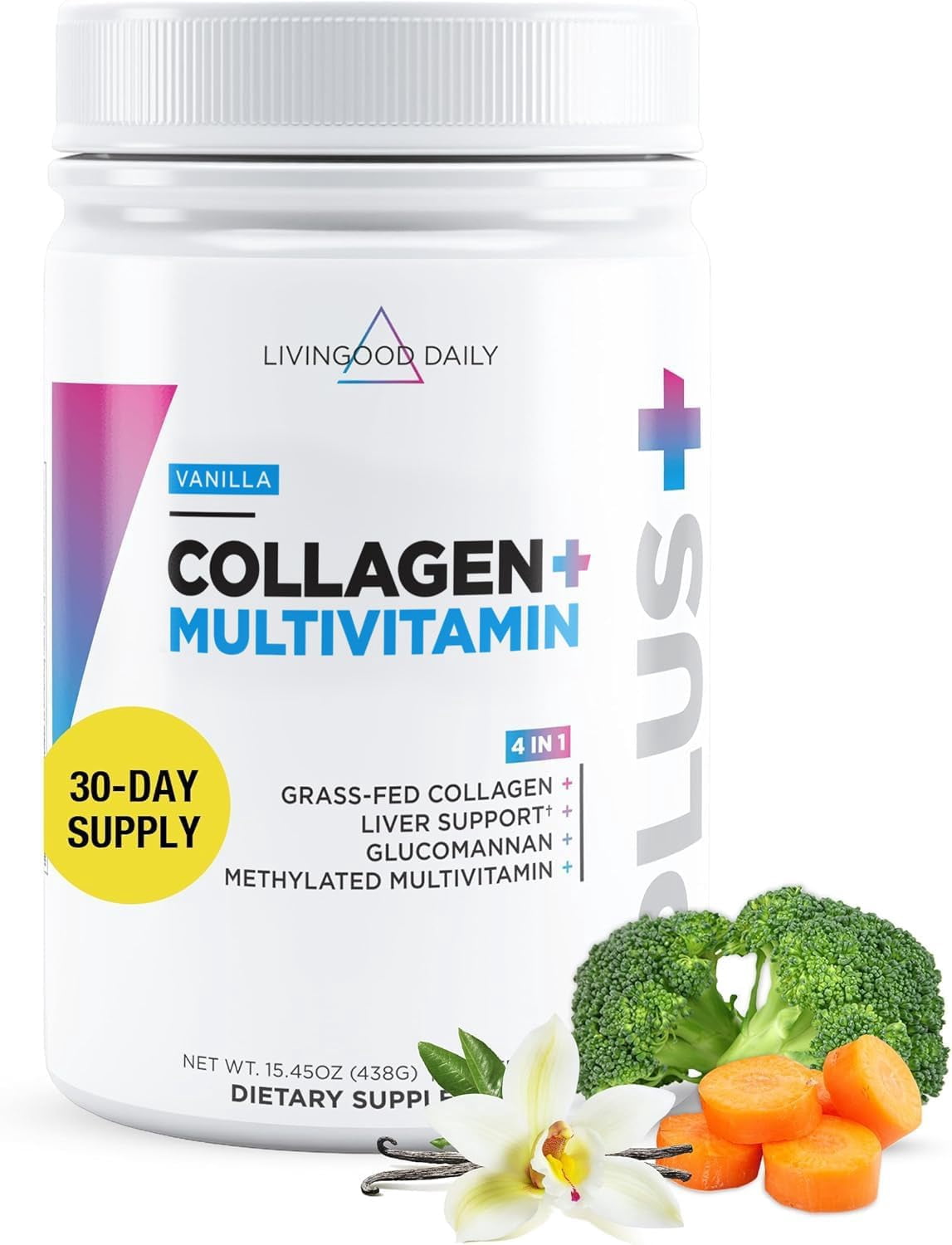 Livingood Daily Collagen Peptides Powder Vanilla, 30 Servings - 4in1 Grass Fed Hydrolyzed Collagen Powder with Multi Vitamins
