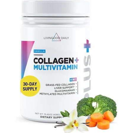 Livingood Daily Collagen Peptides Powder Vanilla, 30 Servings - 4in1 Grass Fed Hydrolyzed Collagen Powder with Multi Vitamins