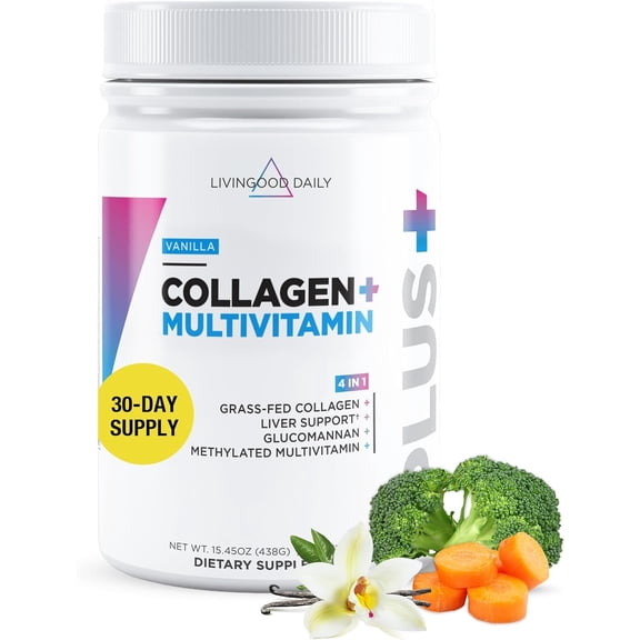 Livingood Daily Collagen Peptides Powder Vanilla, 30 Servings - 4in1 Grass Fed Hydrolyzed Collagen Powder with Multi Vitamins