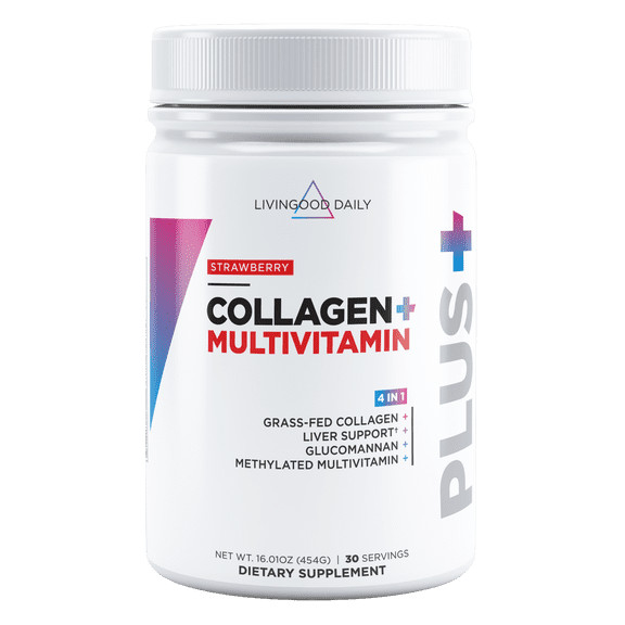 Livingood Daily Collagen Powder For Women & Men, Grass Fed Hydrolyzed Collagen Peptides, Protein & Multivitamins For Healthy Hair, Skin & Nails, Keto & Paleo, Gluten Free, Strawberry, 30 Servings