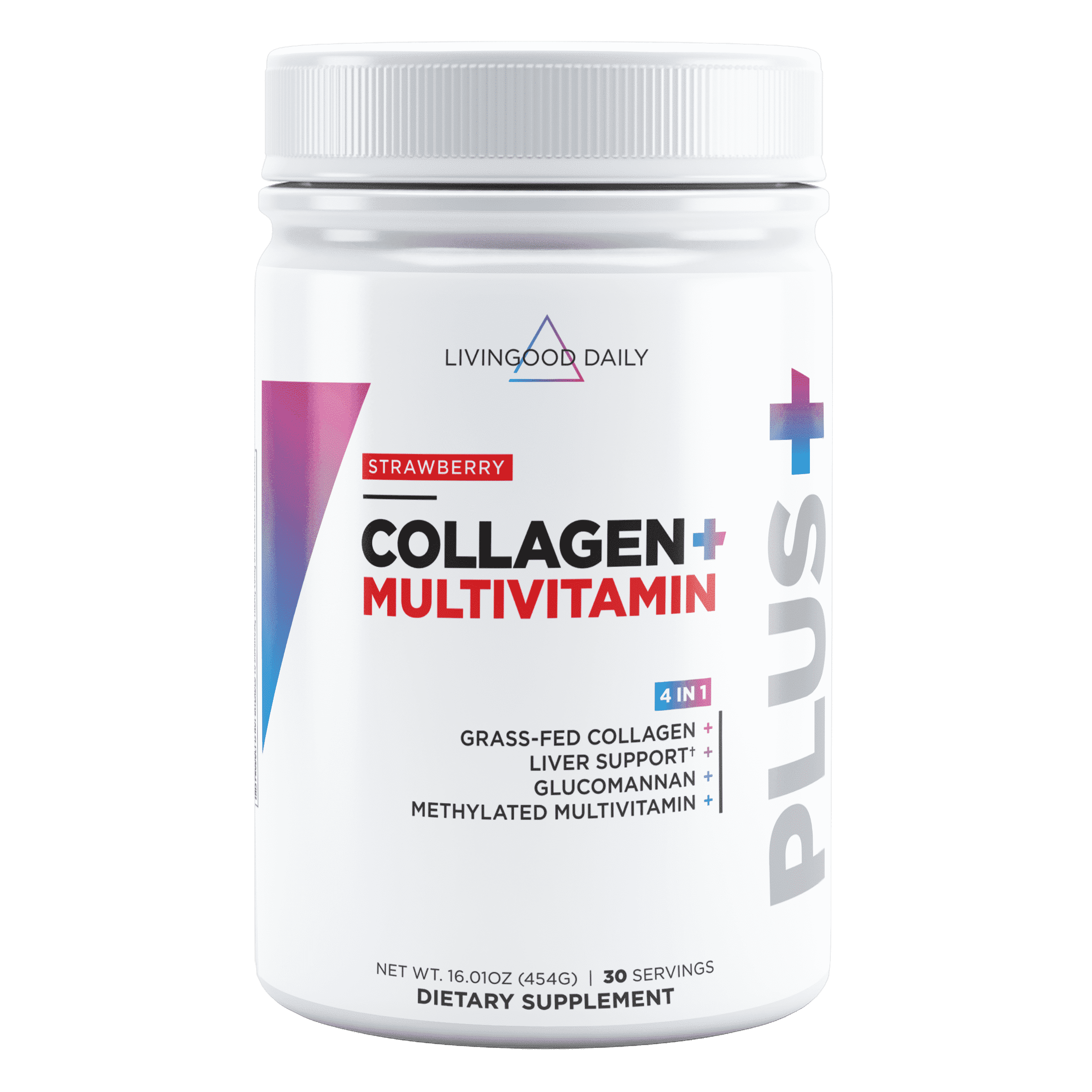 Livingood Daily Collagen Peptides Powder Strawberry, 30 Servings - 4in1 Grass Fed Hydrolyzed Collagen Powder with Multi Vitamins