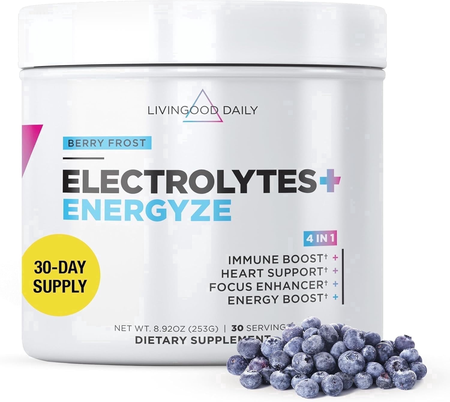 Livingood Daily Electrolytes Powder Berry Frost, 30 Servings - 4in1 Hydration Powder Sugar Free Electrolyte Drink Mix