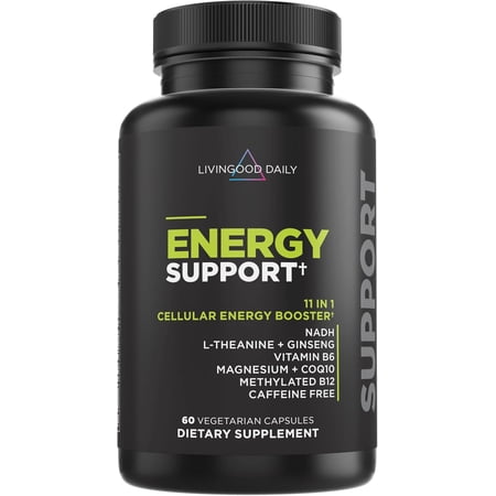 Livingood Daily Energy Support, 11-in-1 Supplement with Magnesium, Vitamin B6, B12, Amino Acids, L Carnitine, CoQ10, Ginseng & L Theanine, Supports Natural Energy for Men & Women, Vegan, 60 Capsules
