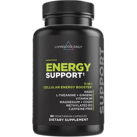 Livingood Daily Energy Support, 11-in-1 Supplement with Magnesium, Vitamin B6, B12, Amino Acids, L Carnitine, CoQ10, Ginseng & L Theanine, Supports Natural Energy for Men & Women, Vegan, 60 Capsules