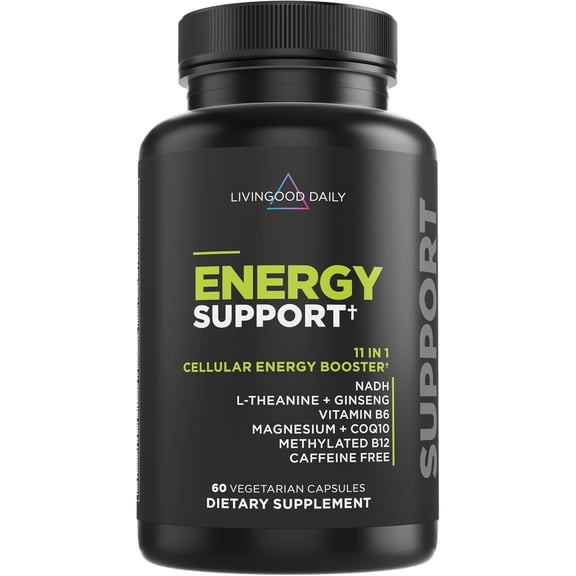 Livingood Daily Energy Support, 11-in-1 Supplement with Magnesium, Vitamin B6, B12, Amino Acids, L Carnitine, CoQ10, Ginseng & L Theanine, Supports Natural Energy for Men & Women, Vegan, 60 Capsules