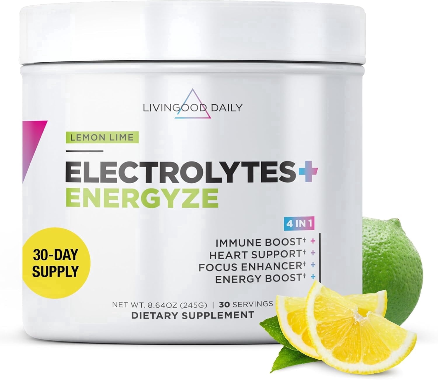 Livingood Daily Electrolytes Powder Lemon Lime, 30 Servings - 4in1 Hydration Powder Sugar Free Electrolyte Drink Mix