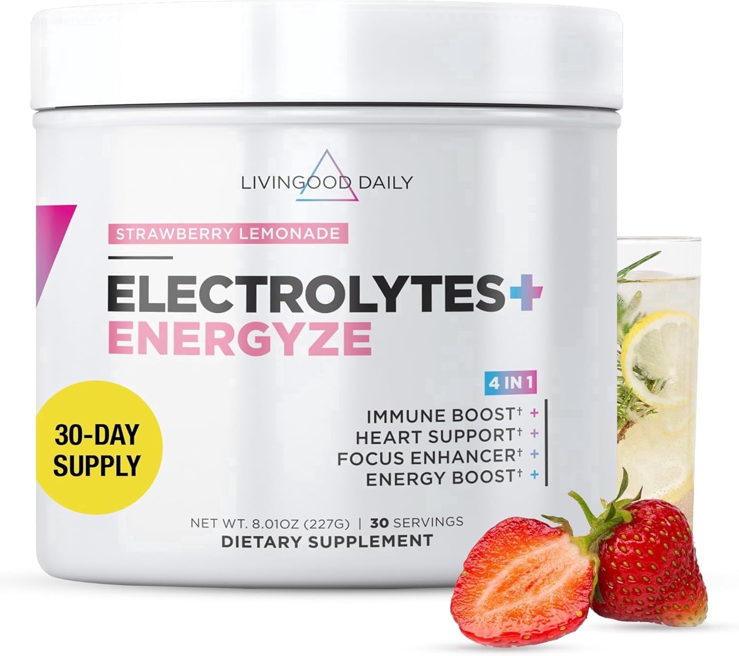 Livingood Daily Electrolytes Powder Strawberry Lemonade, 30 Servings - 4in1 Hydration Powder Sugar Free Electrolyte Drink Mix