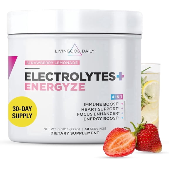 Livingood Daily Electrolytes Powder Strawberry Lemonade, 30 Servings - 4in1 Hydration Powder Sugar Free Electrolyte Drink Mix