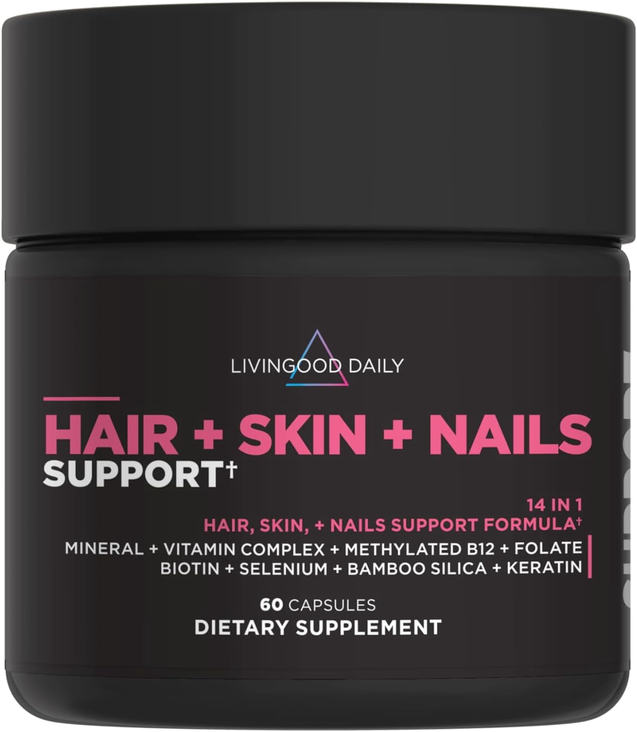 Livingood Daily Hair, Skin & Nails Supplement, 14-in-1 Formula with Biotin, Collagen, Keratin, Bamboo, Selenium, Folate, B12, Zinc and More, Beauty Supplement for Women & Men, Gluten Free, 60 Capsule