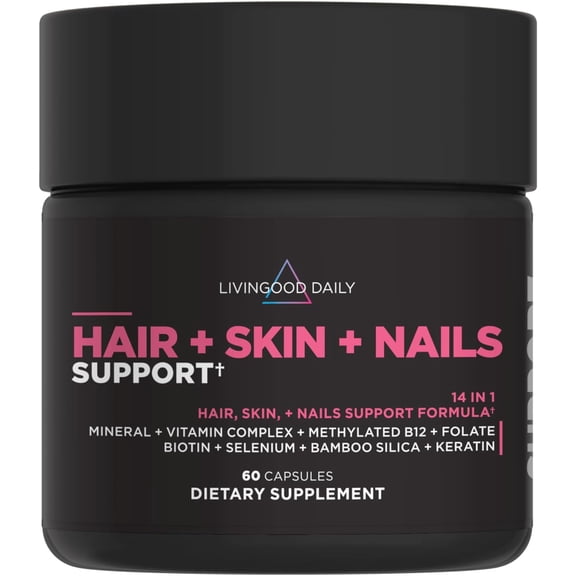 Livingood Daily Hair, Skin & Nails Supplement, 14-in-1 Formula with Biotin, Collagen, Keratin, Bamboo, Selenium, Folate, B12, Zinc and More, Beauty Supplement for Women & Men, Gluten Free, 60 Capsule