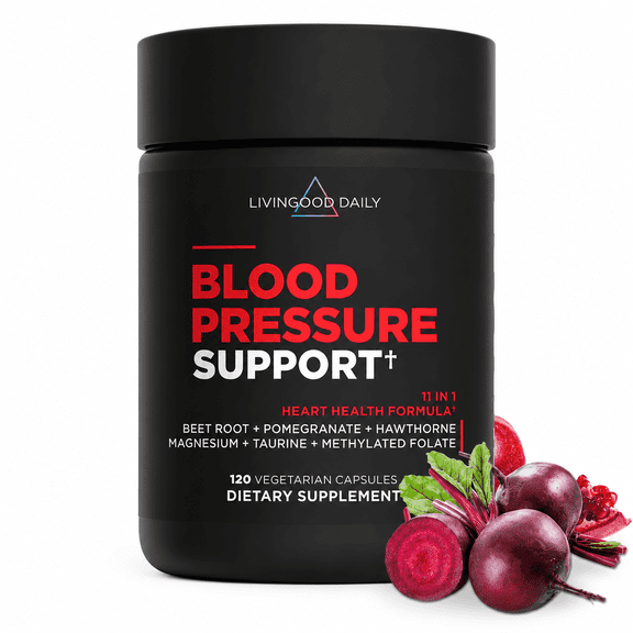 Livingood Daily Blood Pressure Support, Heart Health Supplement w/ Beet Root, Pomegranate, Hawthorn, Magnesium & Taurine, Vegan, 120 Capsules