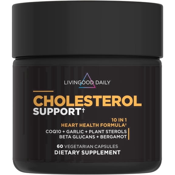 Livingood Daily Cholesterol Support with Garlic, Plant Sterols, CoQ10, Vitamin E & Bergamot for Heart Health, 60 Capsules