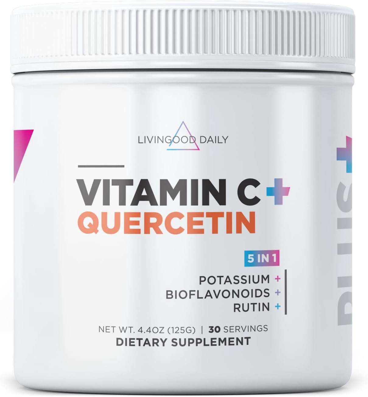 Livingood Daily High Dose Vitamin C Powder Supplement, 2,500 MG Ascorbic Acid Powder Supports Immunity & Skin Health, Powdered Vitamin C with Quercetin, Sweetened with Stevia, Vegan, 30 Servings