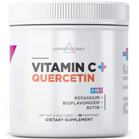 Livingood Daily High Dose Vitamin C Powder Supplement, 2,600 MG Ascorbic Acid Powder Supports Immunity & Skin Health, Powdered Vitamin C with Quercetin, Sweetened with Stevia, Vegan, 30 Servings