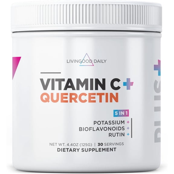 Livingood Daily High Dose Vitamin C Powder Supplement, 2,500 MG Ascorbic Acid Powder Supports Immunity & Skin Health, Powdered Vitamin C with Quercetin, Sweetened with Stevia, Vegan, 30 Servings