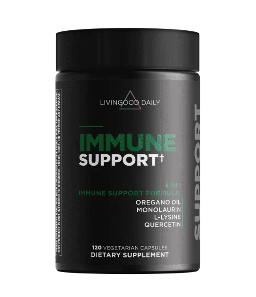Livingood Daily Immune Support Supplement, 4-in-1 Formula with Oregano Oil, Monolaurin, L Lysine & Quercetin, Gut & Digestive Health, Gluten Free, Vegan, Non GMO, Allergen Free, 120 Capsules