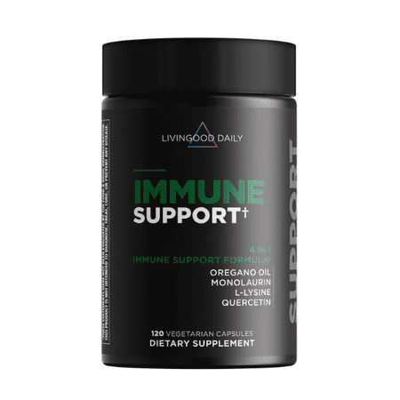 Livingood Daily Immune Support Supplement, 4-in-1 Formula with Oregano Oil, Monolaurin, L Lysine & Quercetin, Gut & Digestive Health, Gluten Free, Vegan, Non GMO, Allergen Free, 120 Capsules