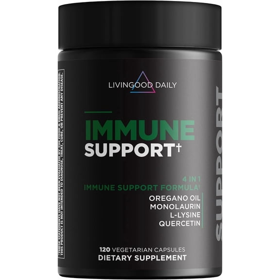Livingood Daily Immune Support Supplement, 4-in-1 Formula with Oregano Oil, Monolaurin, L Lysine & Quercetin, Gut & Digestive Health, Gluten Free, Vegan, Non GMO, Allergen Free, 120 Capsules