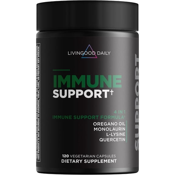 Livingood Daily Immune Support Supplement, 4-in-1 Formula with Oregano Oil, Monolaurin, L Lysine & Quercetin, Gut & Digestive Health, Gluten Free, Vegan, Non GMO, Allergen Free, 120 Capsules