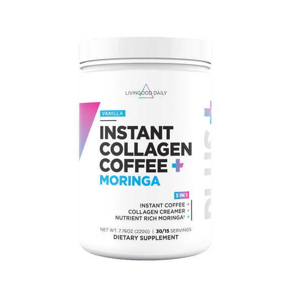 Livingood Daily Instant Collagen Coffee with Moringa, Vanilla - Instant Ground Coffee - Low Acid, Shade Grown & Made with Organic Coffee - Metabolism, Detox & Energy Boosting - 12 Oz