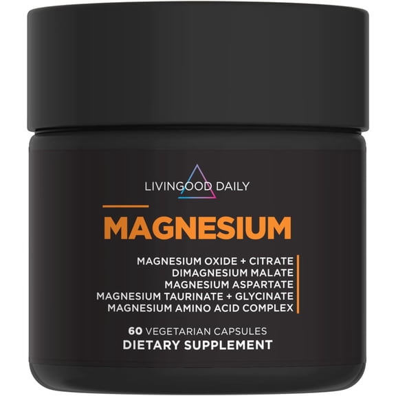 Livingood Daily Magnesium Supplement with Magnesium Glycinate, Citrate, Malate, Oxide, Aspartate, Amino Acid Complex and Chicory Root for Heart Health, Sleep and Muscle Support, 300mg, 60 Capsules