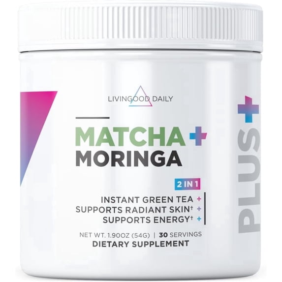 Livingood Daily Matcha + Moringa Powder, 30 Servings - 2in1 Matcha Powder & Moringa, Vegan Supplement
