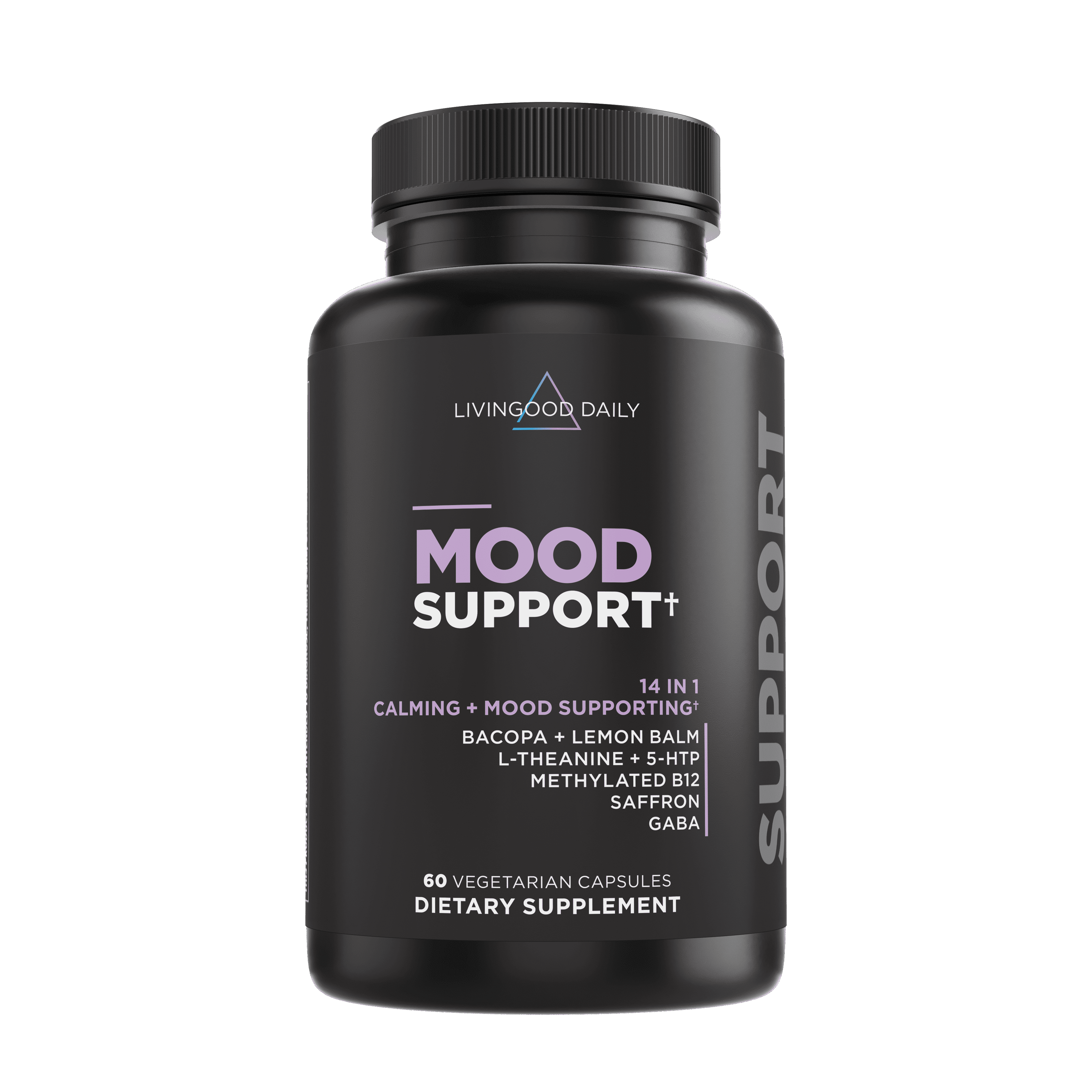 Livingood Daily Mood Support Supplement for Women & Men, 14-in-1 Formula with  L Theanine, Lemon Balm, GABA, Saffron, 5-HTP & B12, Supports Focus & Emotional Wellness, Gluten Free, Vegan, 60 Capsules