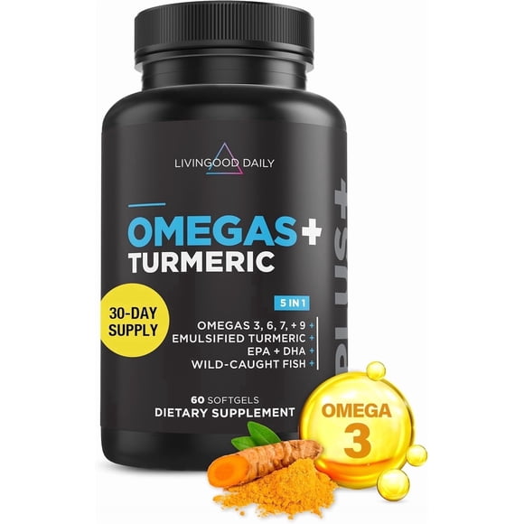 Livingood Daily Omega 3 6 9 Plus Turmeric Curcumin - Omega 3 Supplement (EPA & DHA) - Supports Heart Health, 60 Softgels