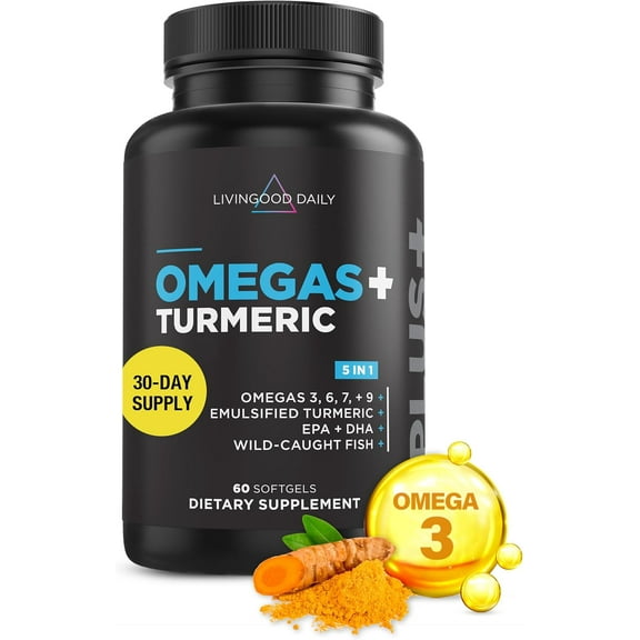 Livingood Daily Omegas + Turmeric, 60 Softgels - EPA DHA Omega 3 6 7 9 Plus Turmeric Curcumin