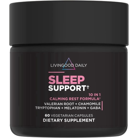 Livingood Daily 10-in-1 Sleep Support Supplement w/ Melatonin, Valerian Root, Chamomile, Tryptophan & GABA , 60 Capsules