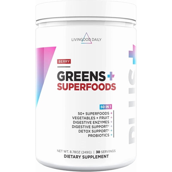 Livingood Daily Greens & Superfood Powder, Super Greens w/ Spirulina, Chlorella, Digestive Enzymes & Probiotics, Berry, 30 Servings