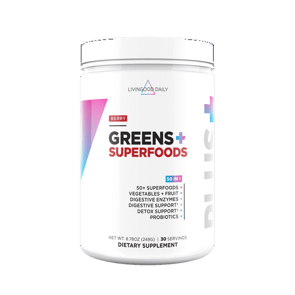Livingood Daily Greens & Superfood Powder, Super Greens for Gut Health, Green Juice Powder with Spirulina, Chlorella, and Digestive Enzymes, Probiotics for Digestive Support, Berry, 30 Servings