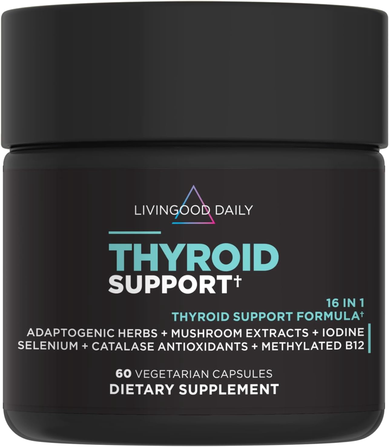 Livingood Daily Thyroid Support, 60 Capsules - Thyroid Supplement with Iodine + Adrenal Cortisol Support Formula