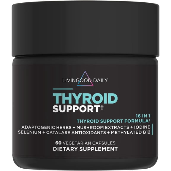 Livingood Daily Thyroid Support, 60 Capsules - Thyroid Supplement with Iodine + Adrenal Cortisol Support Formula