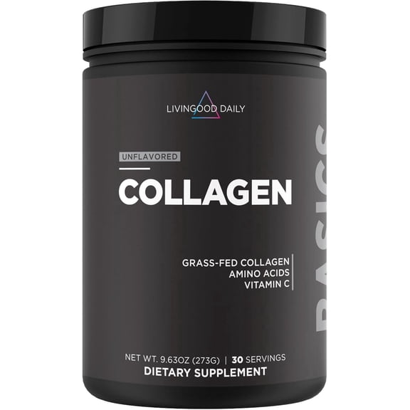 Livingood Daily Hydrolyzed Collagen Peptides Powder - Unflavored w/ Vitamin C, Protein w/ 20 Amino Acids, Type I & III, Grass Fed, 30 Srvgs