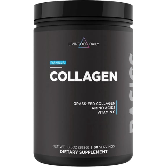 Livingood Daily Hydrolyzed Collagen Peptides Powder - Vanilla w/ Vitamin C, Protein w/ 20 Amino Acids, Type I & III, Grass Fed, 30 Srvgs