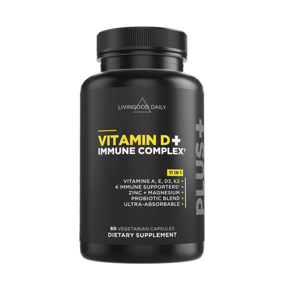 Livingood Daily Vitamin D + Immune Complex, Made with Vitamin D3 K2, Zinc, Magnesium, Vitamins E & A and Probiotics, Immune Support Supplement, Advanced Absorption, Gluten Free, Non GMO, 60 Capsules