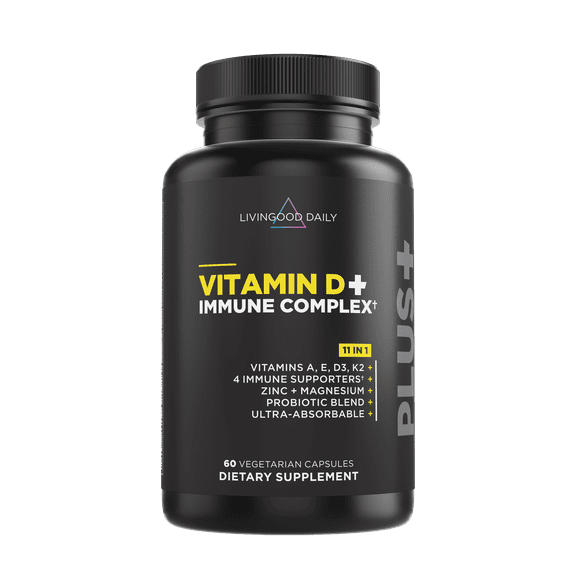 Livingood Daily Vitamin D + Immune Complex, Made with Vitamin D3 K2, Zinc, Magnesium, Vitamins E & A and Probiotics, Immune Support Supplement, Advanced Absorption, Gluten Free, Non GMO, 60 Capsules