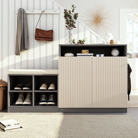 Livingroom Cabinet with Shoe Bench, 2 Doors and 3-Tier Adjustable Shelves, Entryway Bench with 4 Open Shoe Racks and Removeble Cushion, Storage Console Table with Wavy Slatted Door and Hooks No1856