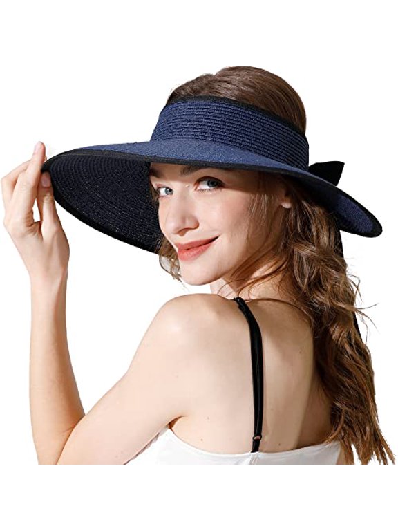 Livingston Sun Visors for Women UV Protection Roll Up Wide Brim Straw Hat BLUE