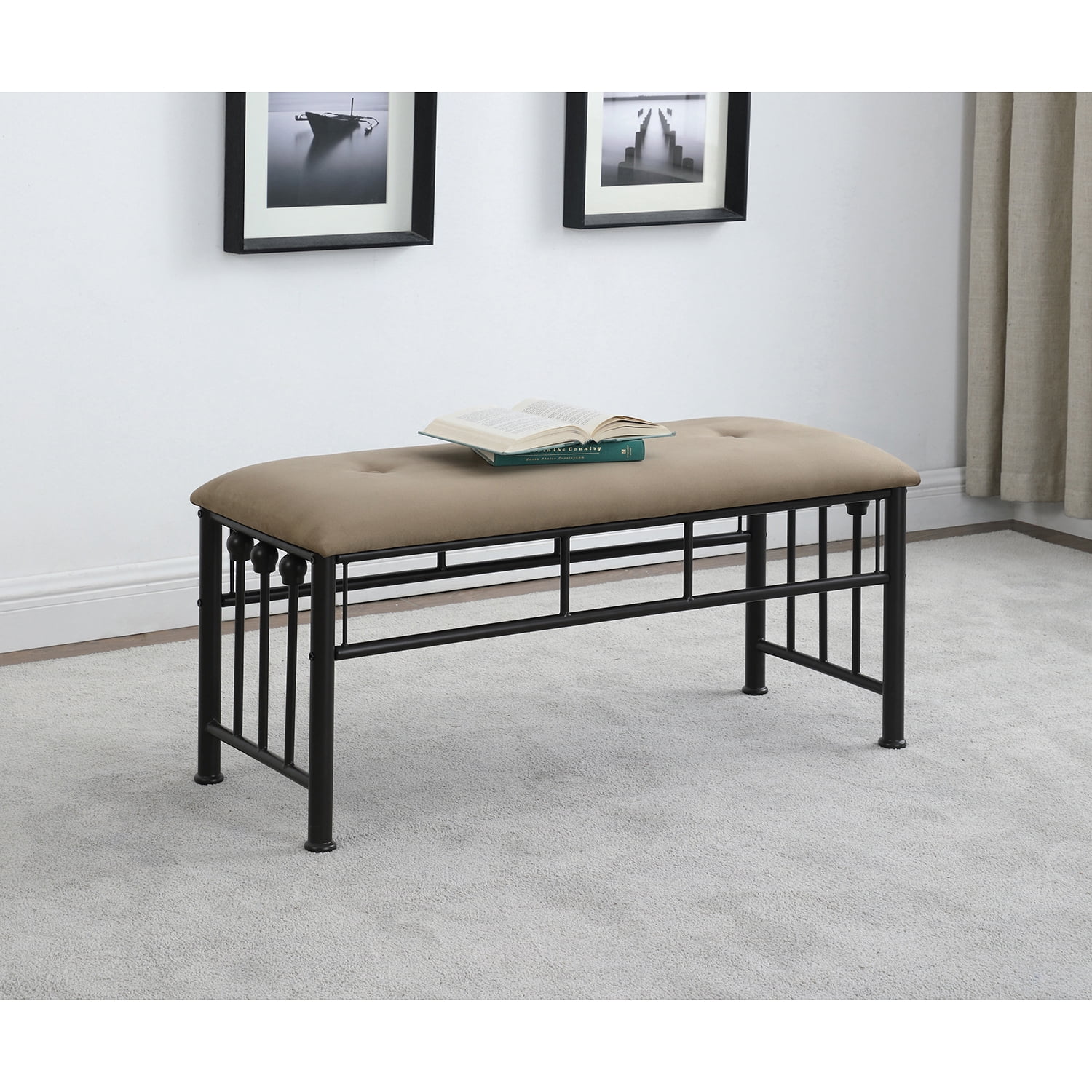 Livingston Beige Upholstered Bench with Dark Bronze Steel Frame